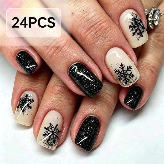 24PCS Short Square Press On Nails, Full Cover Acrylic Fake Nails Reusable Glue On False Nail Tips for Christmas Winter Holiday Party Women Daily Casual Festive Nail Art Decoration