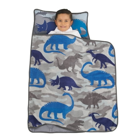Everything Kids Blue And Grey Dino Toddler Nap Mat With Pillow And