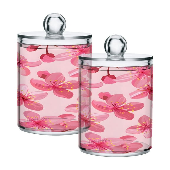 2 Pack Qtip Holder Dispenser Pink Cherry Blossoms Clear Plastic Storage Apothecary Jars for Cotton Swabs Balls Pads Floss