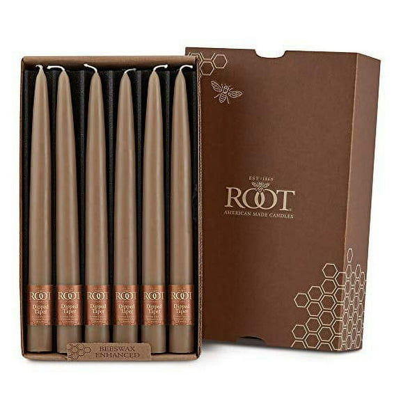 ROOT Candles Unscented Dipped Taper Candles, 9-inch Tall, Box of 12, Color: Taupe
