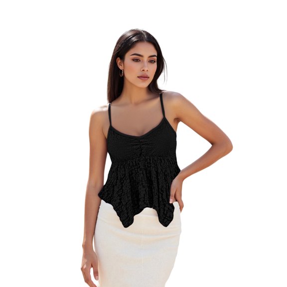LMLYSoH Womens Lace Babydoll Tank Tops Stylish Solid Mesh Loose Hem V Neck Spaghetti Strap Camisoles