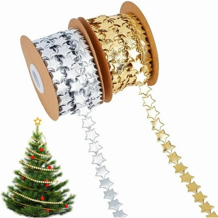 2Rolls 10.94 Yards Star Ribbon Trim Embellishment 14mm Wide Gold and Silver Polyester Glitter Star Ribbons Star Decoration Ribbons for Christmas Wedding Birthday Party Gift Cake Wrapping for making