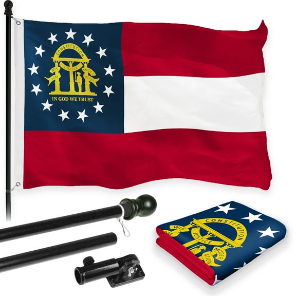 G128 Combo Pack: 6 Feet Tangle Free Spinning Flagpole (Black) Georgia GA State Flag 3x5 ft Printed 150D Brass Grommets (Flag Included) Aluminum Flag Pole
