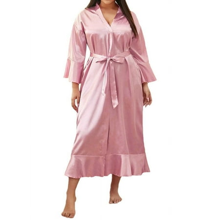 Hugossia Plus Size Women Satin Silk Kimono Robe Gown Sleepwear Lingerie Long Nightie Dress