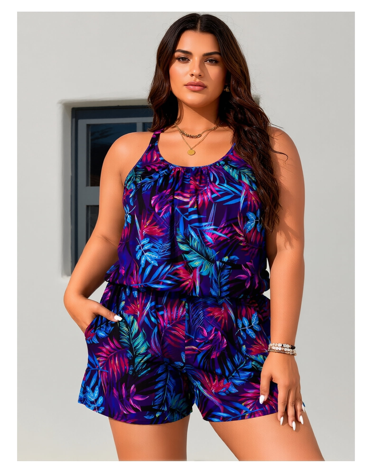 Plus Size Swim Romper Modest Swimsuits for Women One Piece Bathing Suit Shorts Swim Suit with Pockets