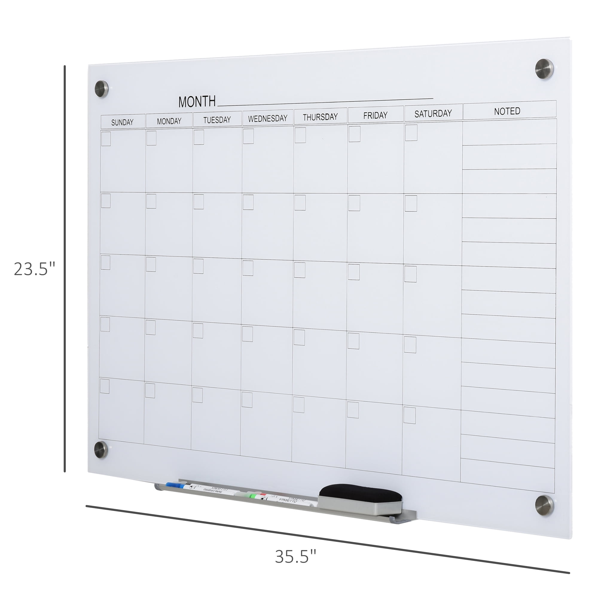 Vinsetto 35"x23" Dry Erase Wall Calendar Glass Whiteboard Monthly Planner for Homeschool Supplies & Home Office Organization w/ 4 Markers and Eraser