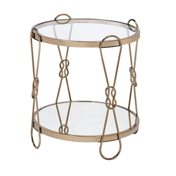 Metal End Table with Mirrored Top and 1 Bottom shelf, Gold and Clear