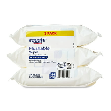 Equate Hypoallergenic Flushable Wet Wipes, Fragrance Free, 144 Wipes, 3 Pack
