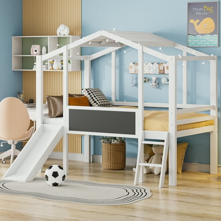 LOOM Twin Size Loft Bed with Ladder and Slide,House Bed with Blackboard and Light Strip on the Roof,White