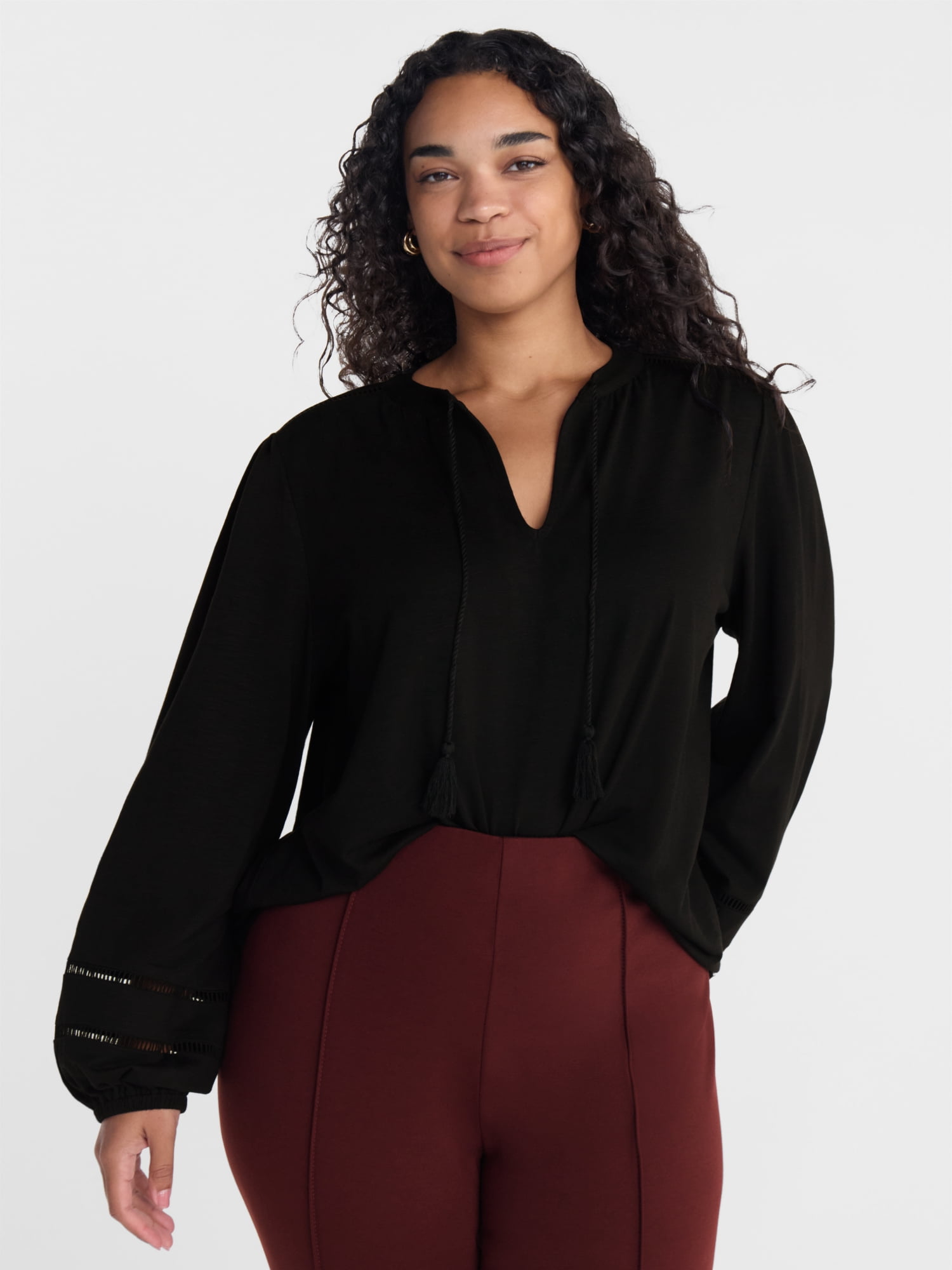 Scenario Women's Slub Knit Split Neck Top with Long Sleeves, Sizes XS-XXXL