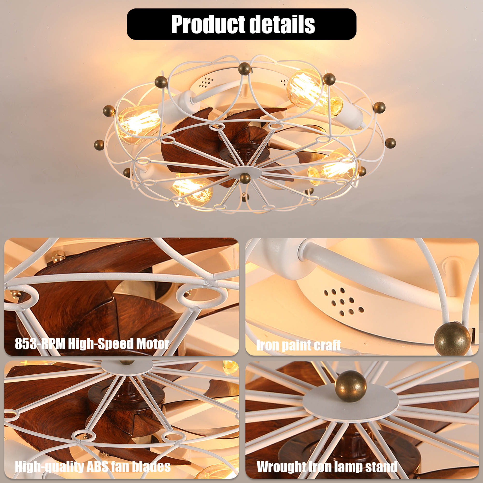 Leumius Low Profile Caged Ceiling Fan with Lights Remote Control, Embedded Modern Industrial Ceiling Fan for Kitchen Dining Room Living Room Bedroom
