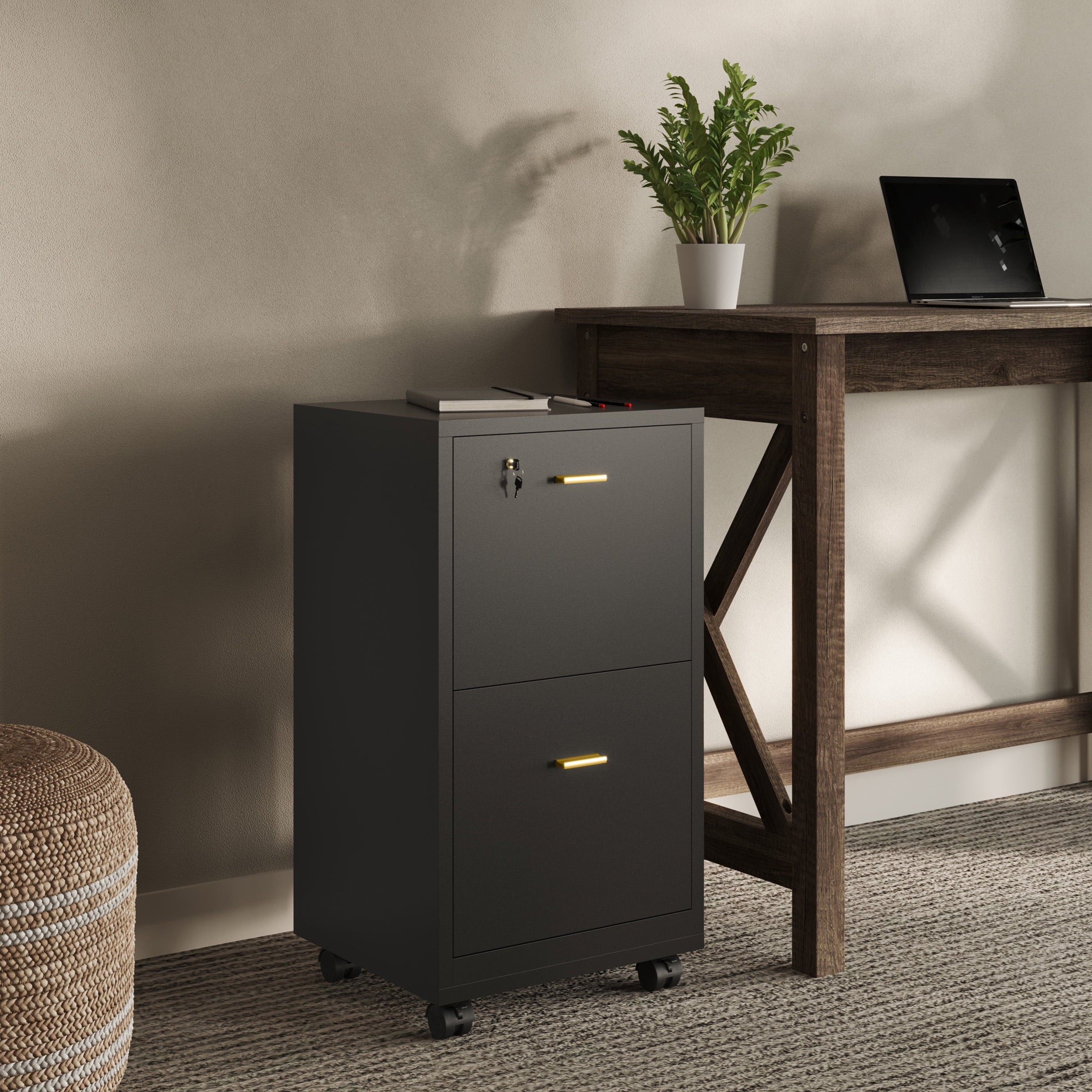 Lavish Home 2 Drawer File Cabinet - Rolling Filing Cabinet with Lock, Black