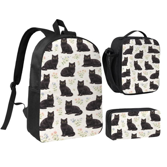Floral Black Cat Backpack Set 3pc ,Backpack with Lunch Bag and Bag 17 Inch