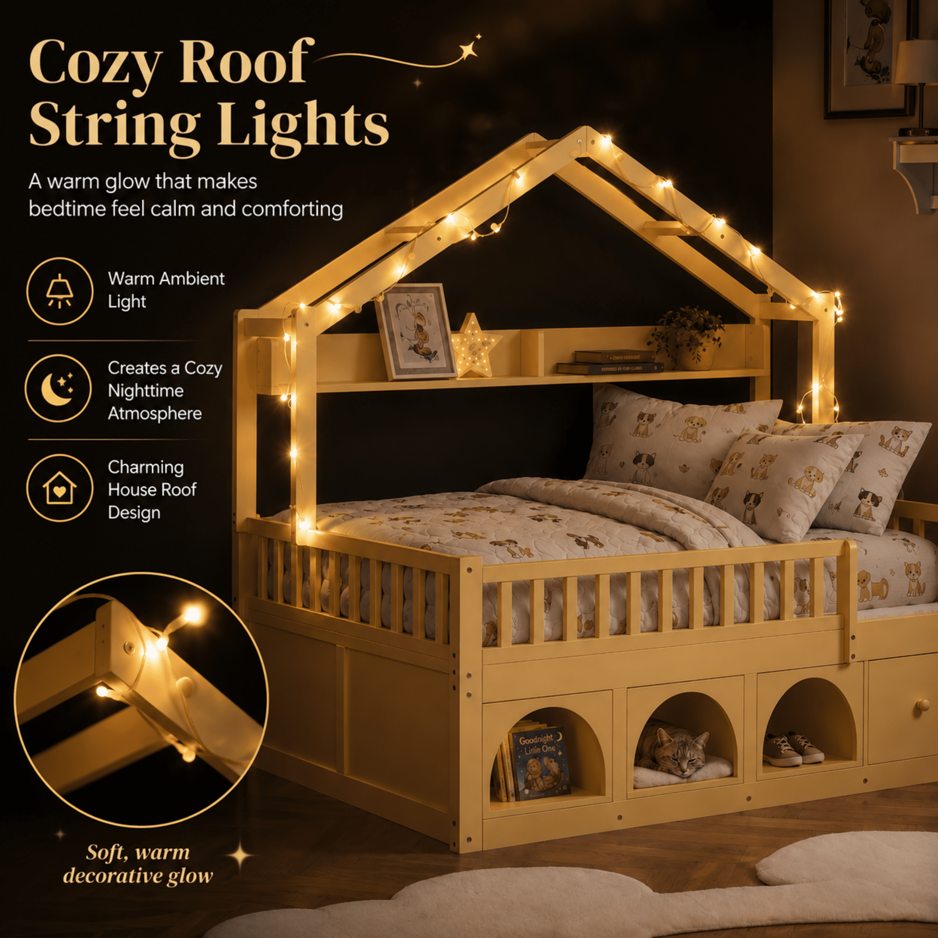 Mintazer Twin Montessori Floor Bed with LED Lights & Bookshelf, Kids House Floor Bed with 3 Arched Cubbies & Drawer and Guardrail for Boys Girls Bedroom Playroom, Natural
