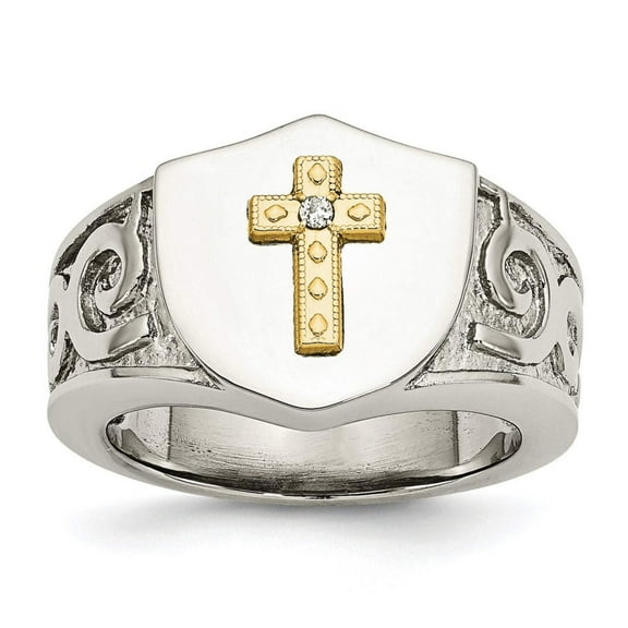 Chisel Stainless Steel Polished with 10K Gold Cross and .02 Carat Diamond Ring