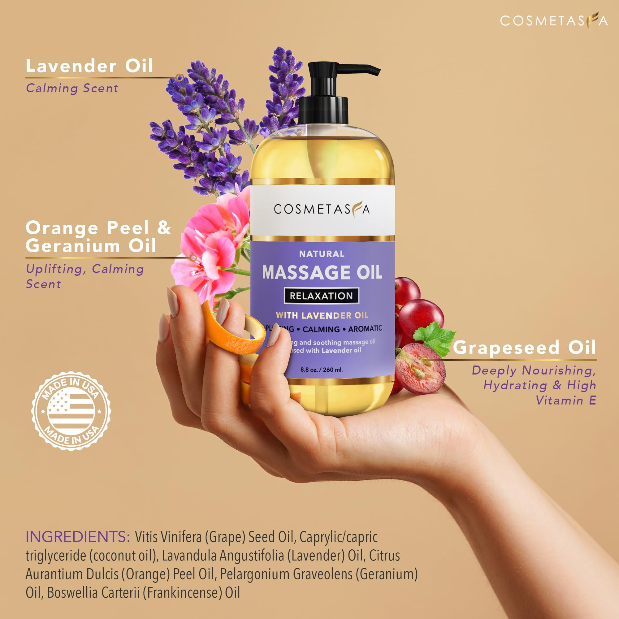 Aromatherapy Lavender Massage Oil - 10oz Relaxing Spa Blend With Grape Seed, Almond & Jojoba Oils - Soothing & Calming For Home Massage