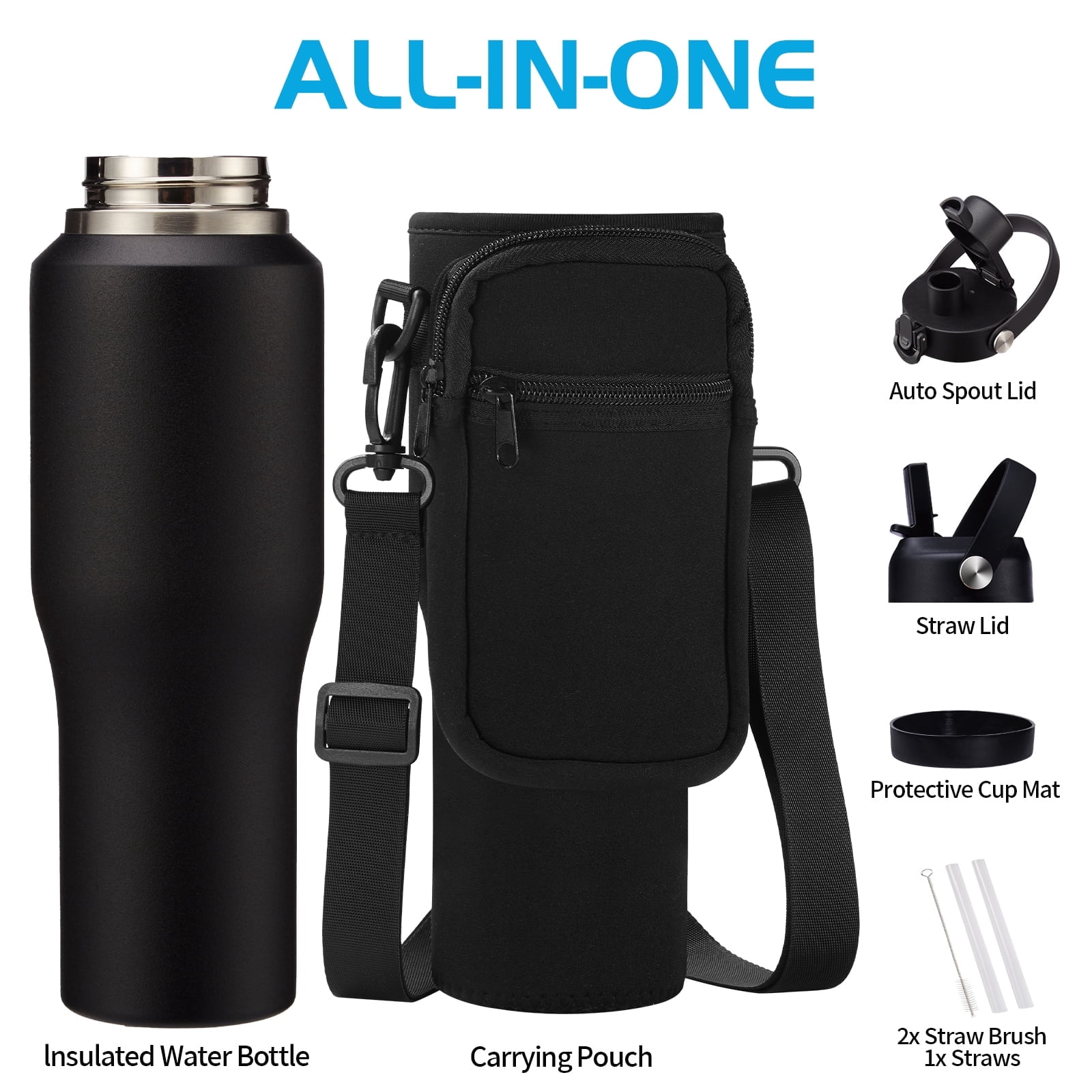 40OZ Stainless-steel Insulated Water Bottles That Fits in Car Cup Holder, Cold 48H Hot 24H, Metal Water Flask with Carryier Bag, Black