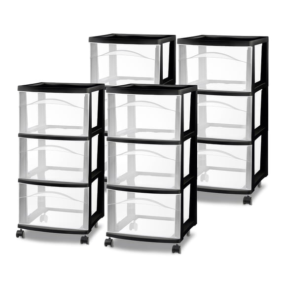 Sterilite 3 Drawer Storage Cart, Plastic Rolling Medium Home Organizer, Black, 4 Pack
