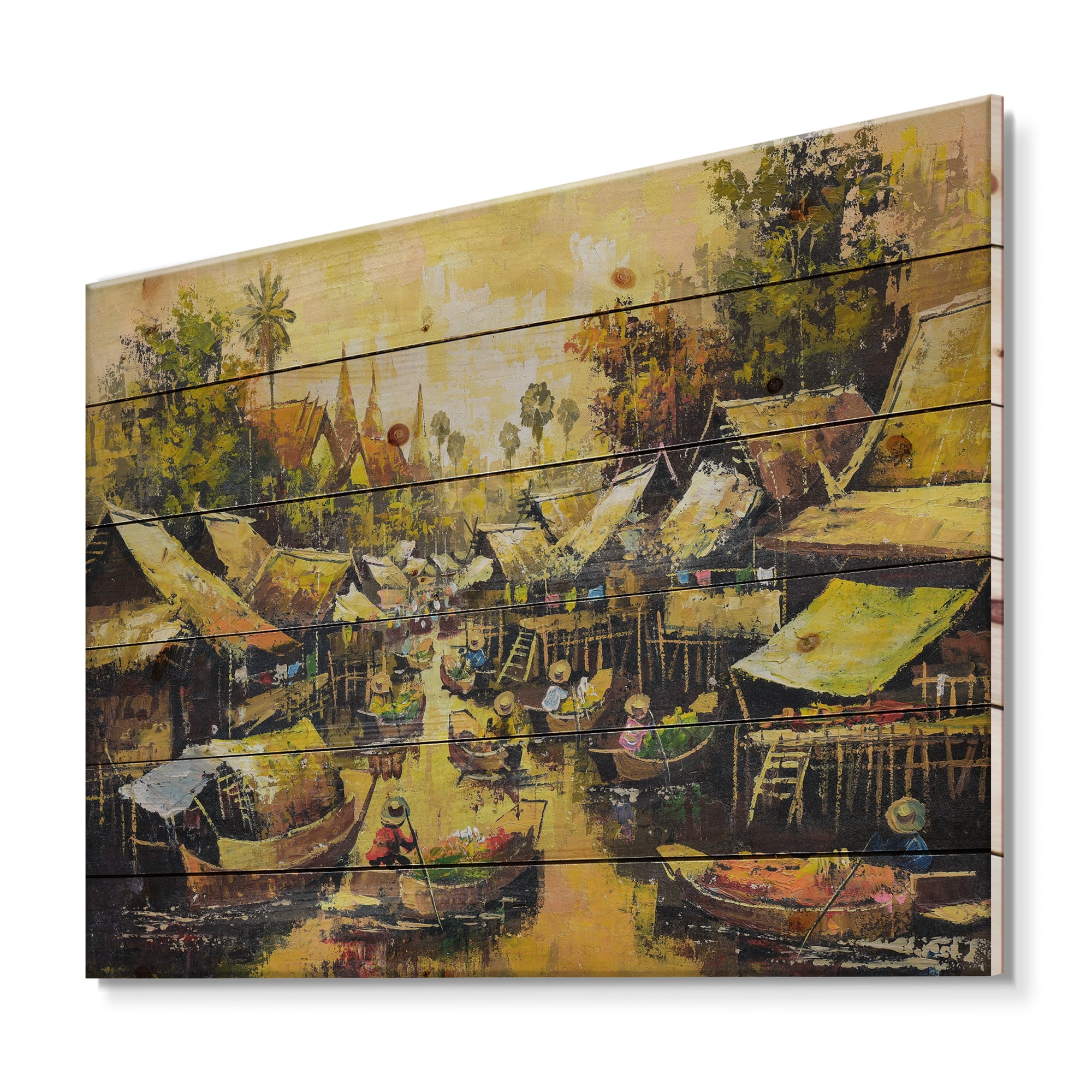 Designart 'Ancient Waterside Life II' Traditional Print on Natural Pine Wood