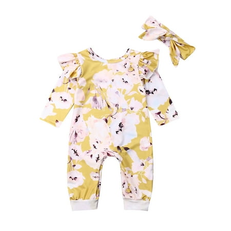 

Meihuid Baby Girl Floral Print Romper Ruffle Long Sleeve One Piece Jumpsuit with Headband