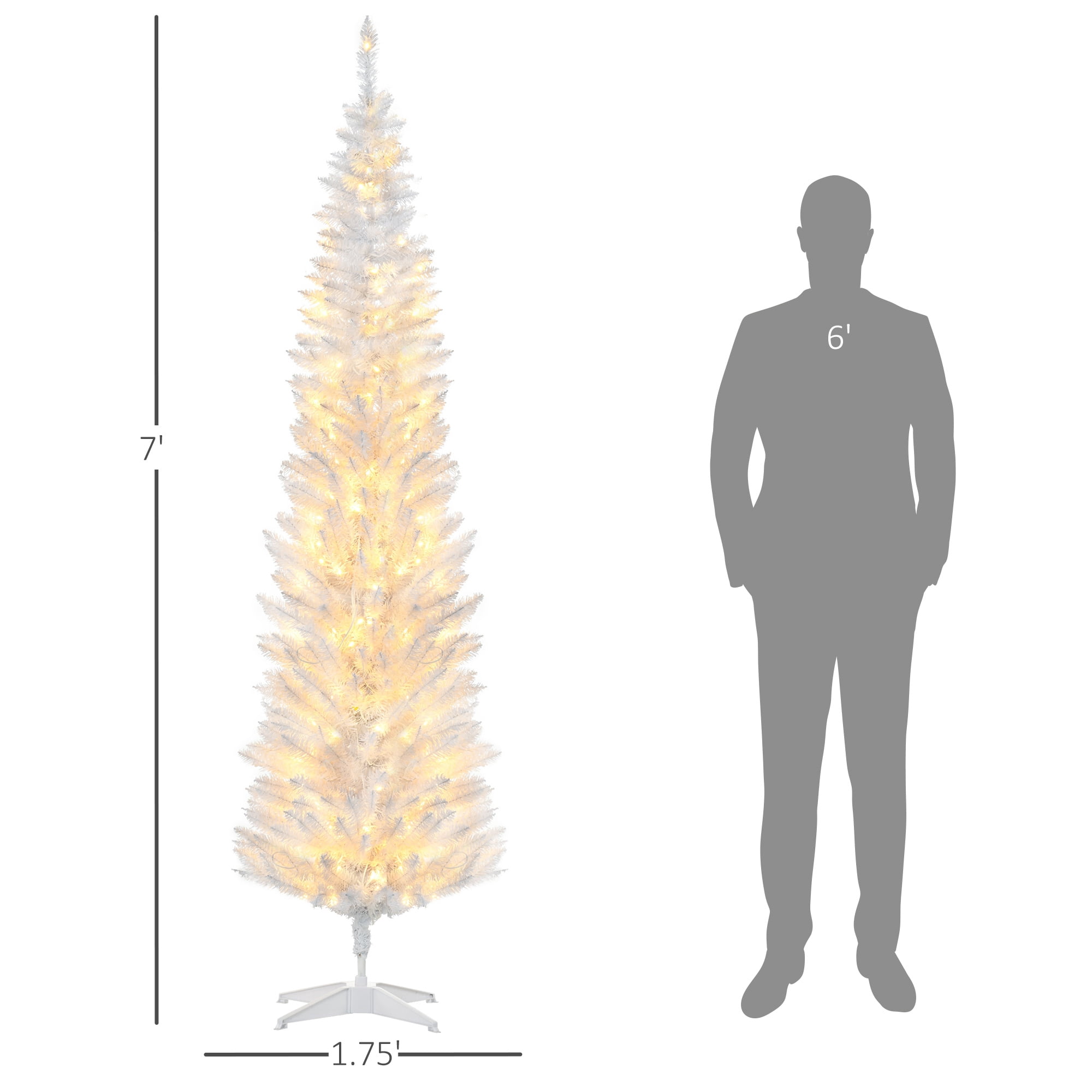7FT White Slim Pencil Artificial Christmas Tree, 499 Tips 200 Warm White LEDs, Section Design, Flame Retardant Sturdy Base, Indoor Holiday Decor
