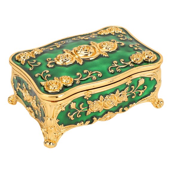 Vintage Jewelry Box Gold Green Exquisite Rose Pattern Trinket Organizer Container with Velvet Lining for Rings Earrings Keepsakes, 4.7 x 3.1 x 2.4 inches / 12 x 8 x 6 cm