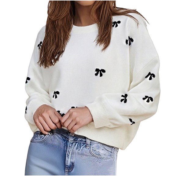 Y2K Bow Print Sweater for Women 2026 Fall Winter Fleece Warm Crewneck Long Sleeve Drop Shoulder Knit Pullover Oversized Sweaters (S, White)