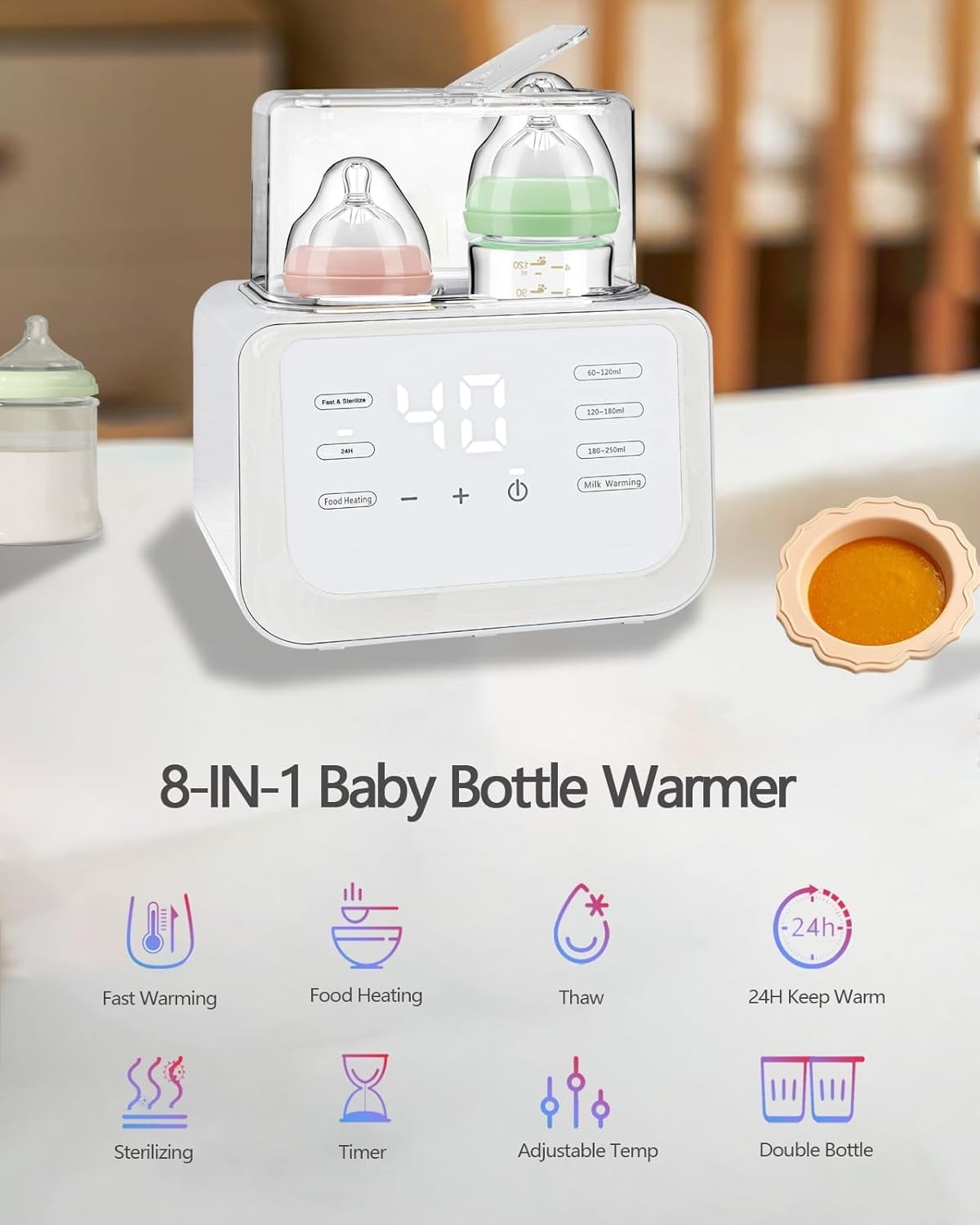 Baby Bottle Warmer, 8-in-1 Fast Milk Warmer for Breastmilk or Formula with Timer, 24H Constant Warming, with Defrost, Heat Baby Food Jars, Sterili-zing Function, Accurate Temp Control, Fits 2 Bottles