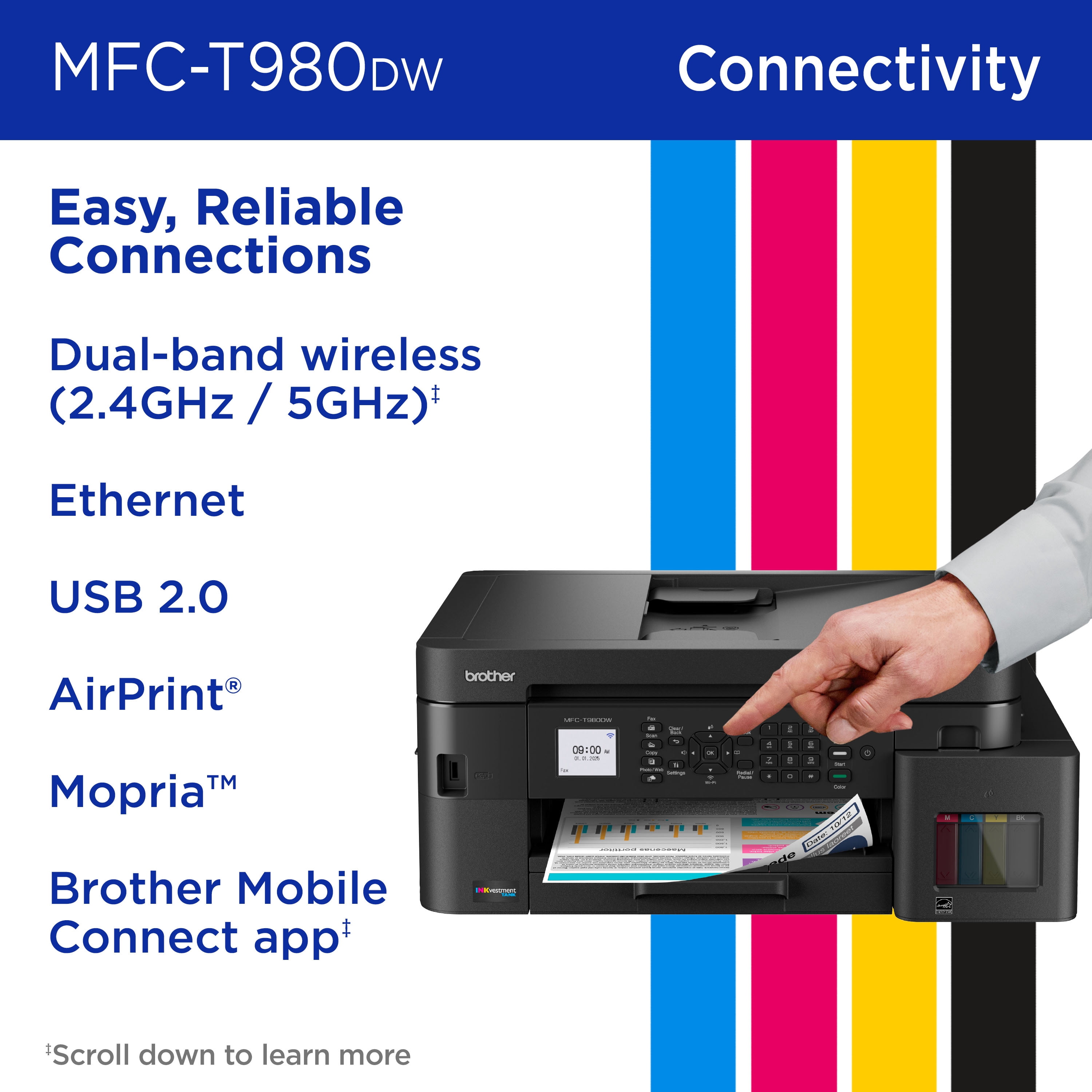 Brother INKvestment Tank 980 MFC-T980DW Wireless and Ethernet Color Inkjet All-in-One Printer with Multipurpose Tray and Up to 3 Years of Ink In-Box and 3-year Limited Warranty