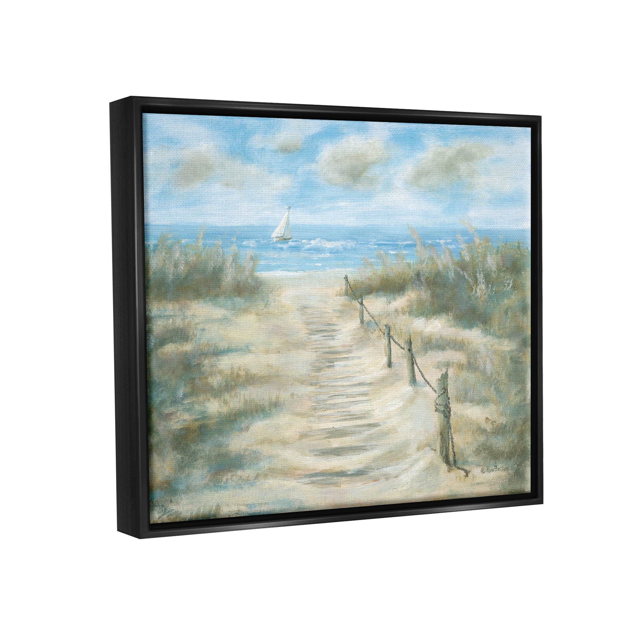 Ocean Shore Beach Boardwalk Coastal Painting Jet Black Framed Art Print Wall Art