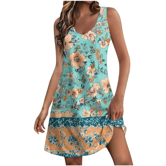 Amzcrzy Womens Dresses Casual V Neck Sleeveless Summer Dress Fashion Floral Dress for Women Comfy Mini Dress Beach Vacation Sun Dress with Pockets
