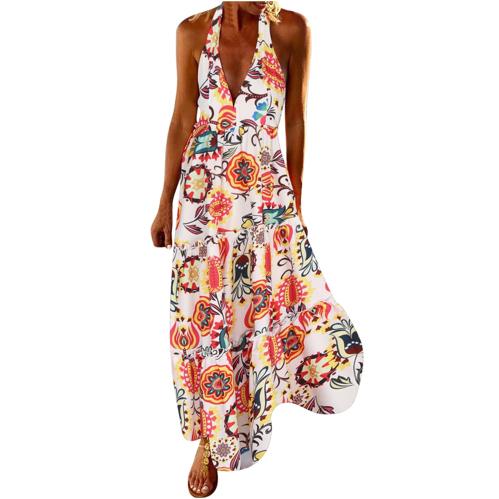 Ernkv Women's Trendy Maxi Ruffle Dress Floral Printed Sleeveless ...