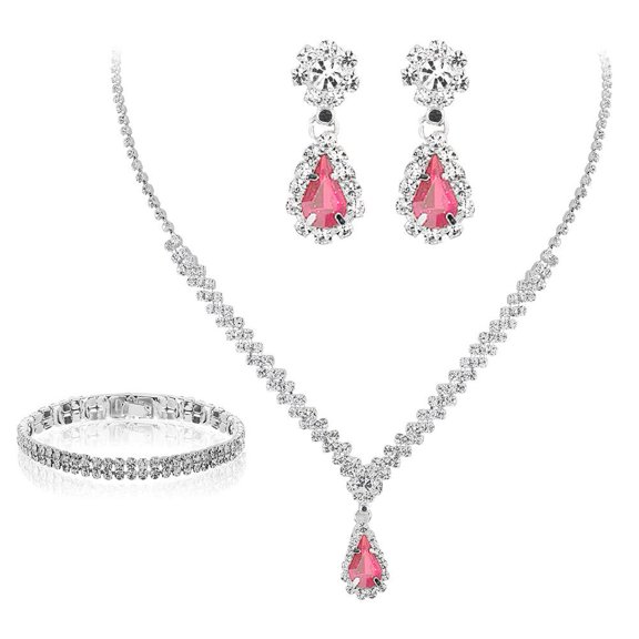 Jewelry Sets For Women, Silver Jewelry Set For Women Rhinestone Crystal Necklace, Link Drop Bridal Bracelet Bangle Earrings