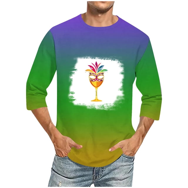 TIMIFIS Mardi Gras Chemises à Manches 3/4 pour Hommes Décontractées Amples Classiques Imprimés de Carnaval Col Rond T-Shirt Léger Fête de Vacances Hauts