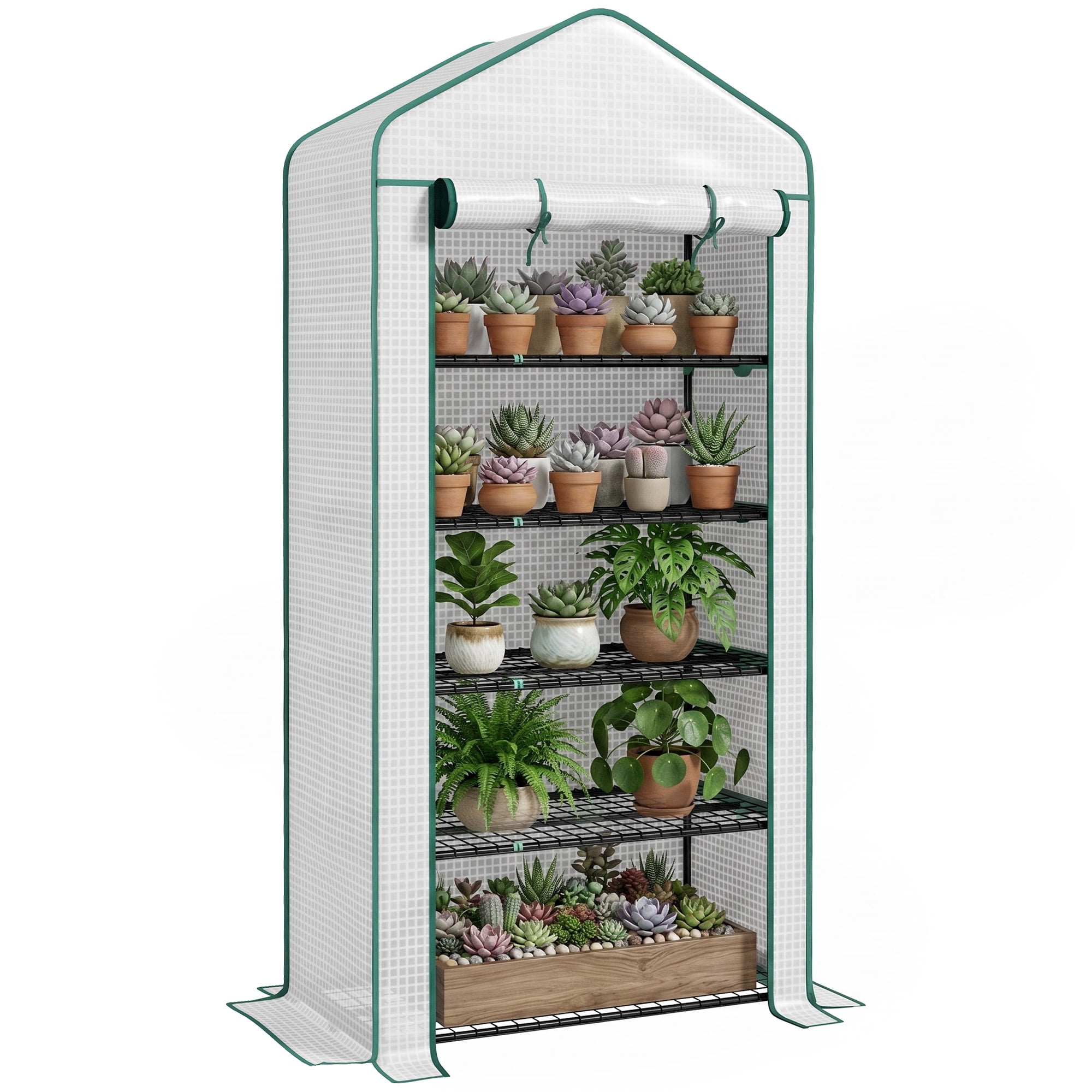 Outsunny 5 Tier Mini Greenhouse with Reinforced PE Cover, Small Portable Greenhouse with Roll-Up Zippered Door, White