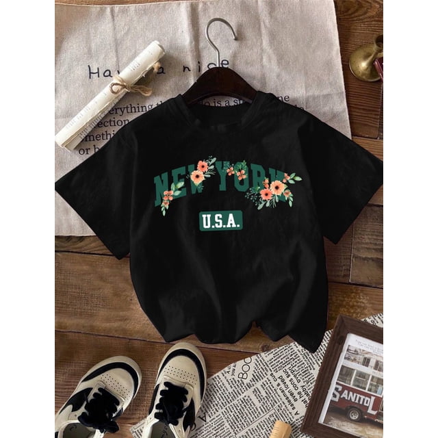 Alphabets graphic print creative T-Shirts, Soft & Elastic Comfy Crew Neck Short Sleeve Tee, Kid's Summer Tops
