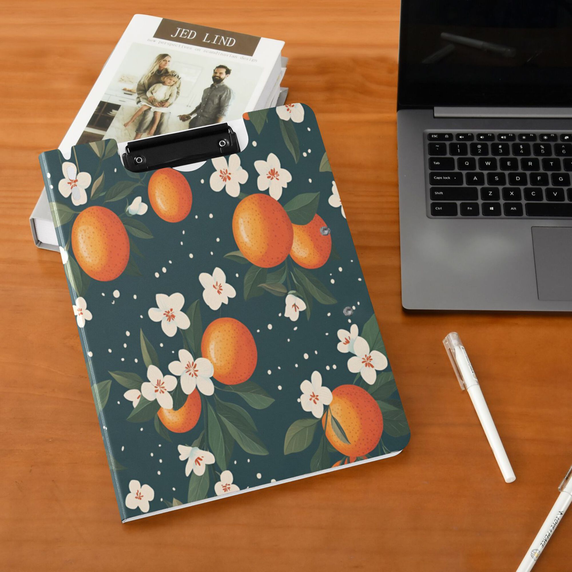 FORMRS A4 Clipboard Folder with Pen Holder Horizontal Foldable School Office Binder, Blue Floral Oranges