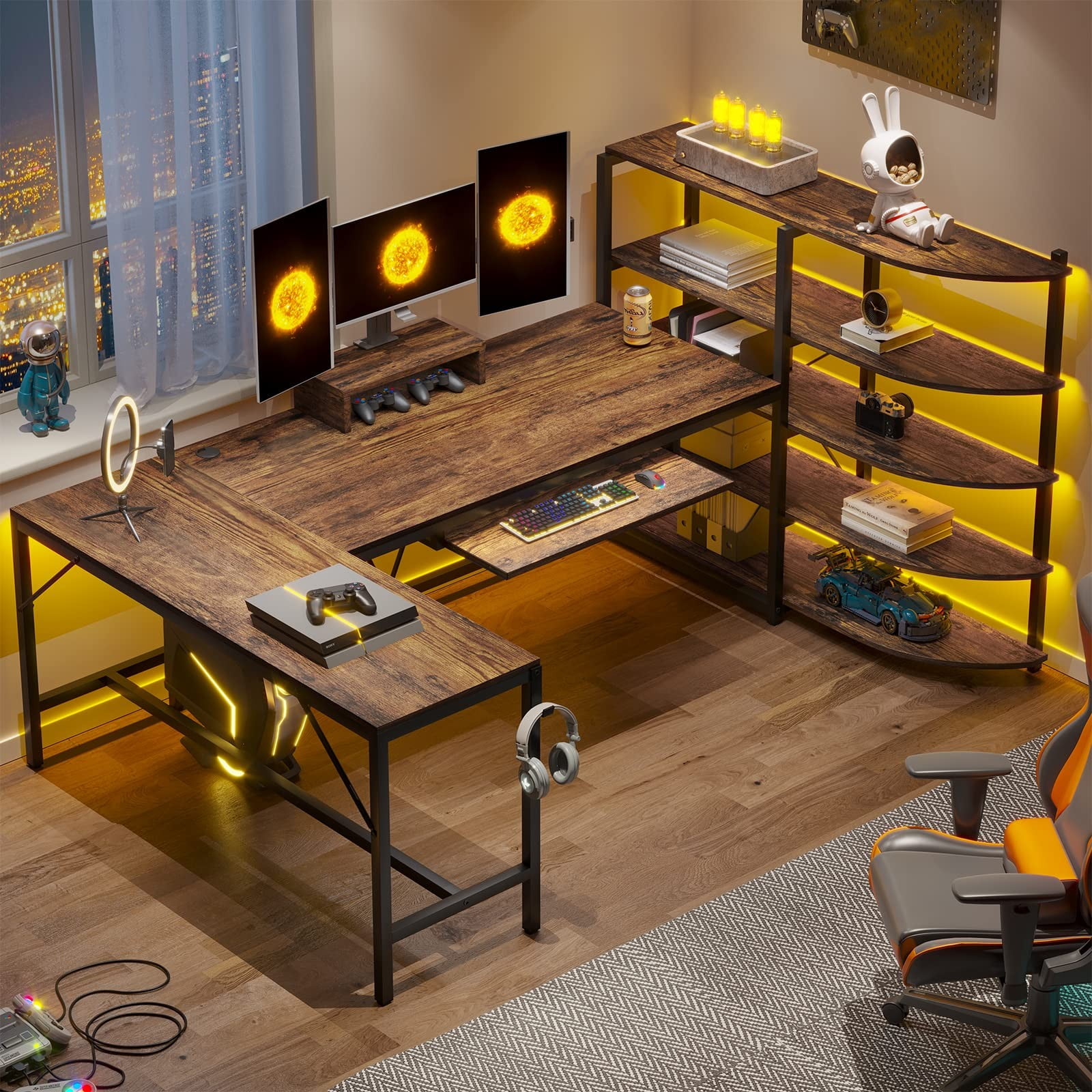 L Shaped Desk with LED Lights, 63'' Corner Gaming Computer Desk with 5