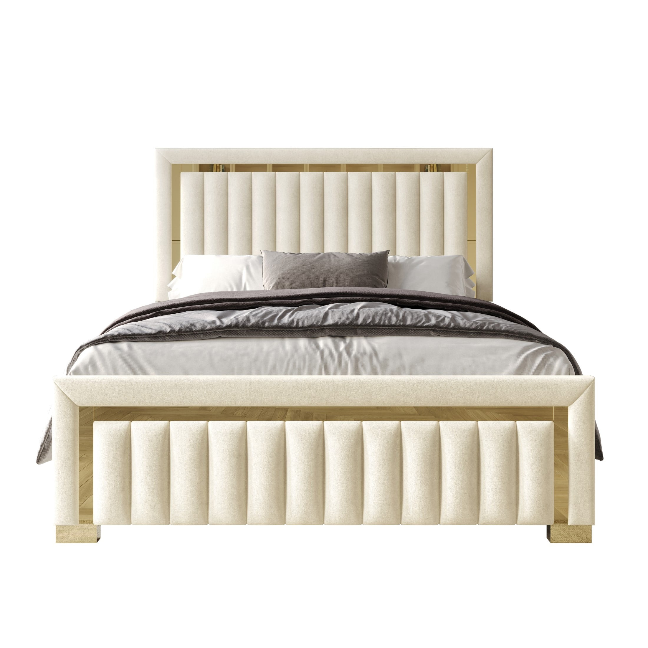 Home Design Olathe Queen Upholstered Panel Bed Frame with Channel-Tufted Headboard and Gold Acrylic Strip Accents, Beige, Easy Assembly