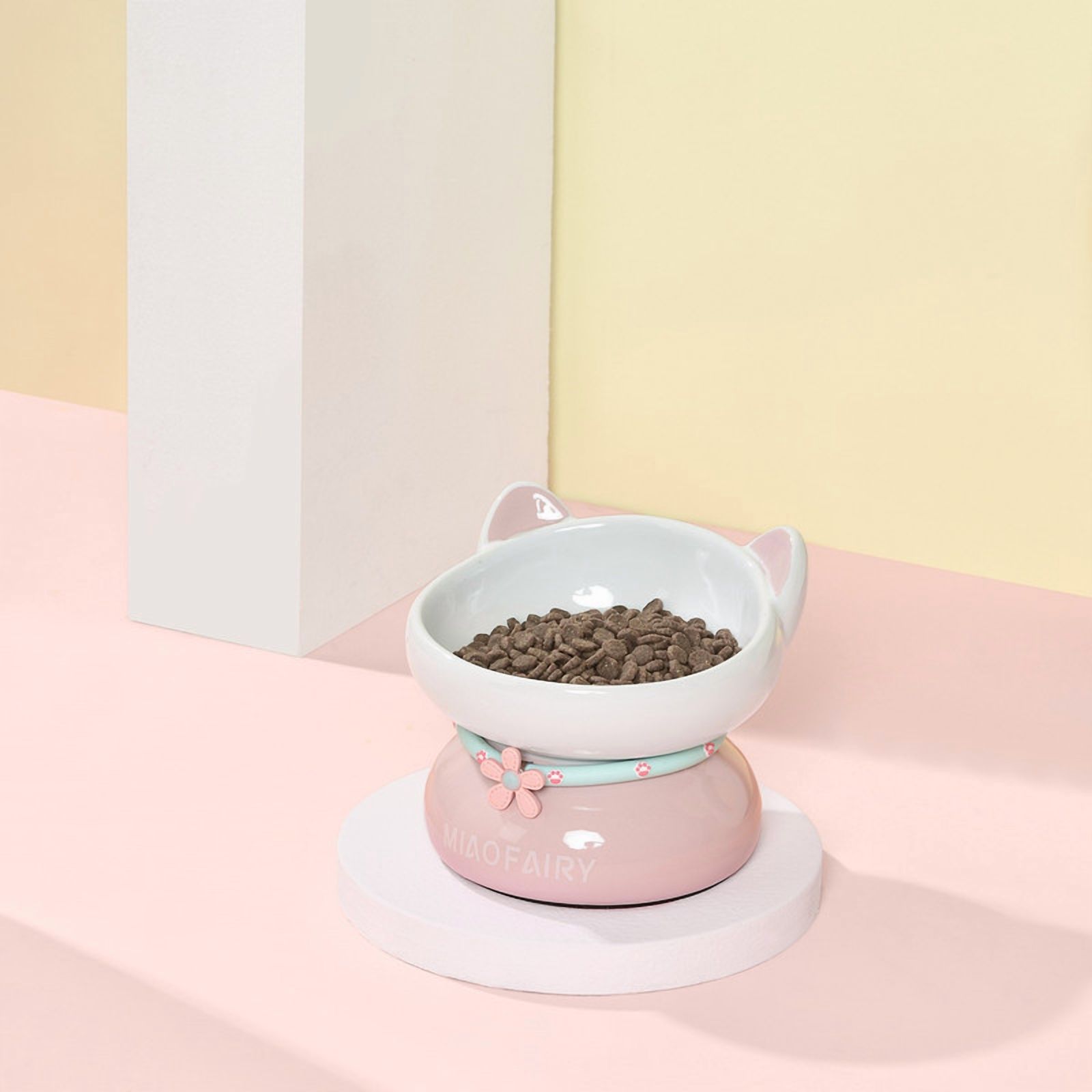 Fairela Elevated Ceramic Food and Water Bowl for Cats, Pink Cute Ear Design
