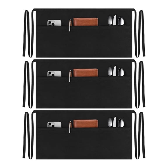3 Pack Server Aprons with 3 Pockets, Water Oil Stain Waitress Waiter Apron Black Waist Aprons Bistro Apron for Women Men