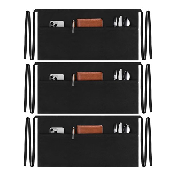 Paquete de 3 Delantales Camarero con Bolsillos, Resistentes A las Manchas Agua y Aceite, Cintura Negra, Delantal Bistró para Mujeres Hombres.