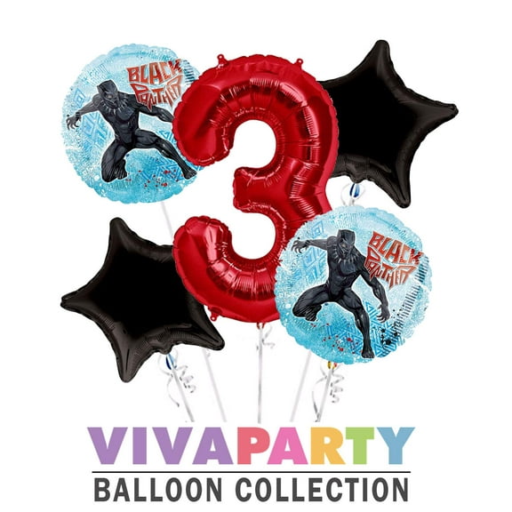 Black Panther Round Balloon Bouquet 5 pc, 3rd Birthday, Red Number 3 Jumbo Balloon | Viva Party Balloon Collection