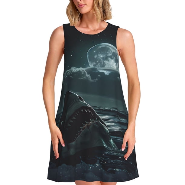 Balery Moonlit Night Sky Shark Vestidos de verano para mujer con estampado: vestido holgado sin mangas, vestido playero informal y cómodo para días calurosos.