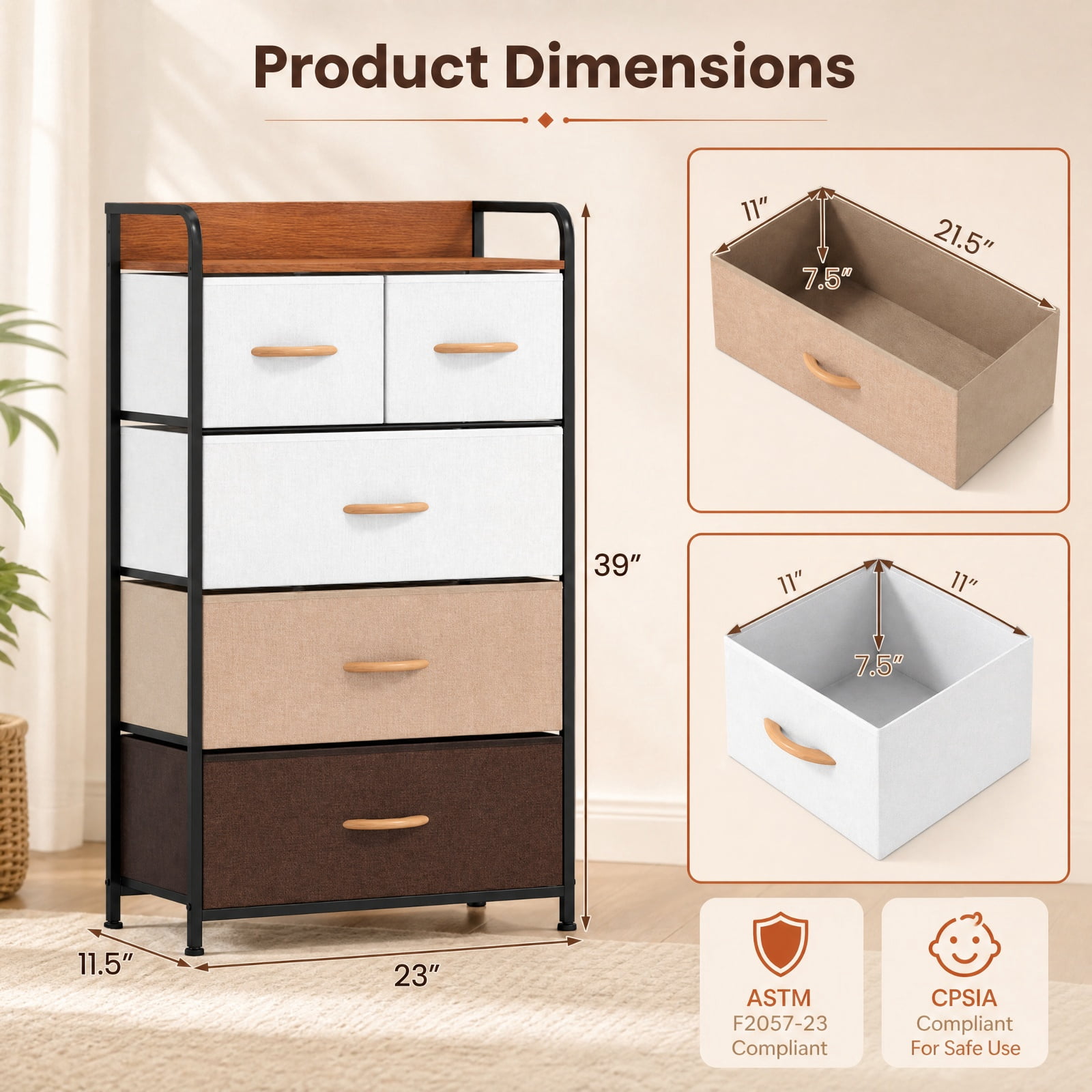 Furnibear 5 Drawer Tall Fabric Dresser Nightstand with Removable Bins and Anti Tip Kit for Bedroom Closet Entryway, Multicolor