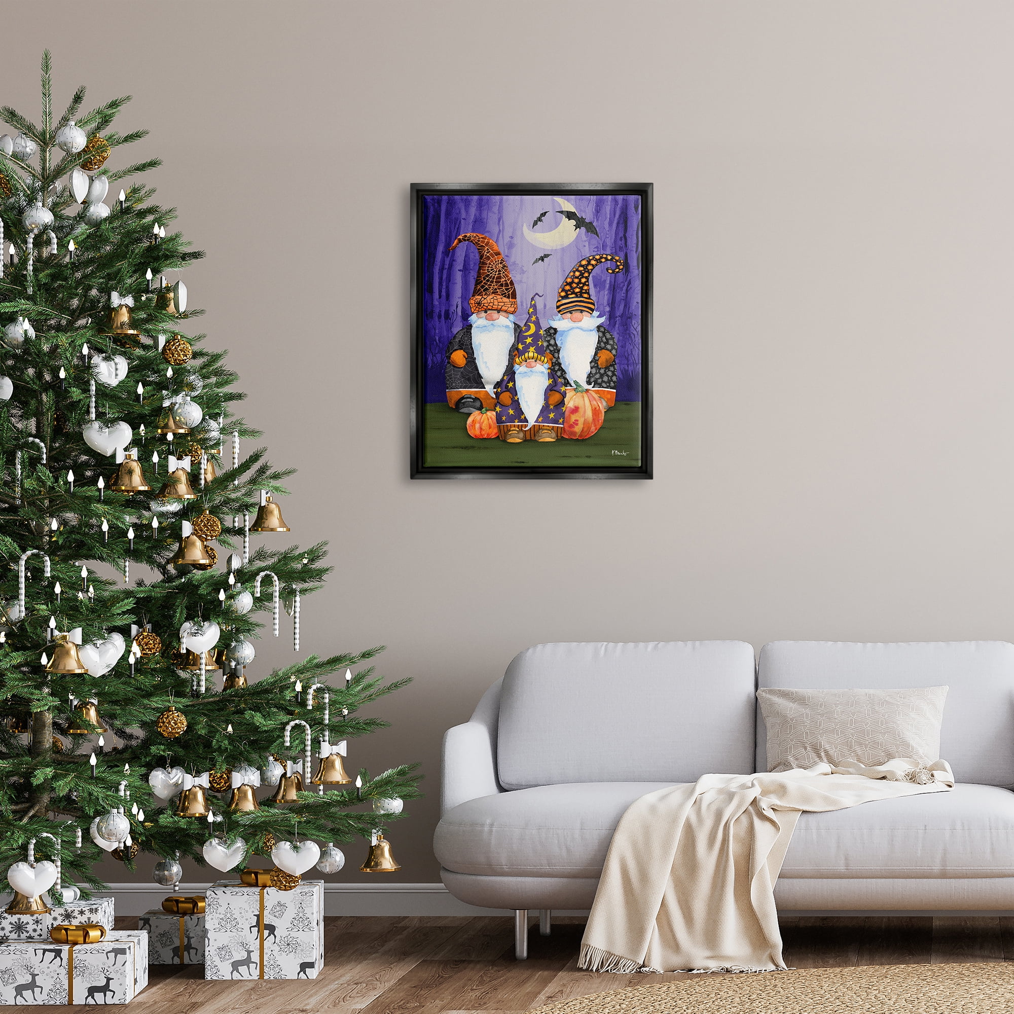 Stupell Industries Three Halloween Gnomes Holiday Painting Black Floater Framed Art Print Wall Art, 25 x 31