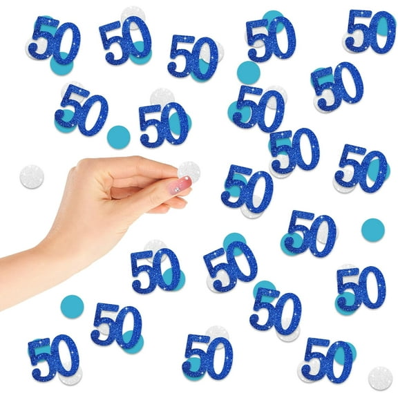 120Pcs Number 50 Confetti, Blue Glitter 50th Birthday Paper Confetti, Silver Circle Cut Out for Birthday, 50th Anniversary Party Decoration