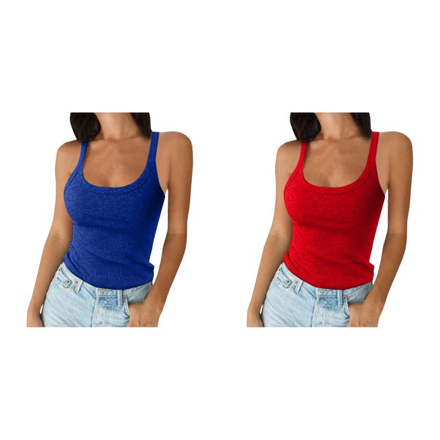 2 Pack(Blue 1PCS & Red 1PCS) Multipack Womens Tops Women Spaghetti Strap Neck Women Running Top Ribbed Tank Tops Slim Fitted Camisole Basic Sleeveless Layering Shirts