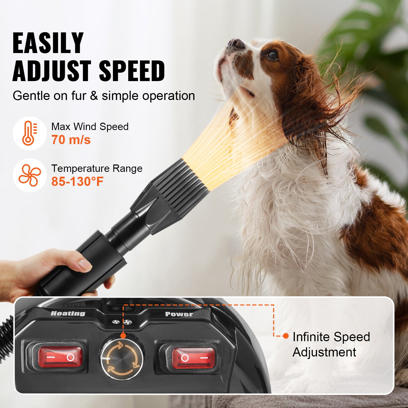 BENTISM Dog Dryer, 2000W Pet Hair Force Dryer Grooming Blower with Adjustable Speed and Temperature Control with 4 Different Nozzles Extendable Hose, Grey