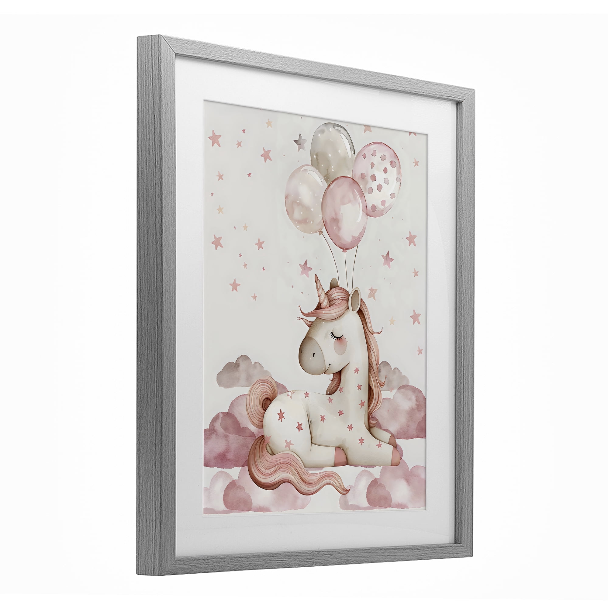Stupell Industries Pink Unicorn with Balloons Gray Framed Print Under Glass, design by LSR Design Studio